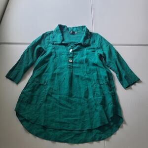 Fenini Tunic Shirt Womens Medium Green Linen 3/4 Sleeve Pocket Top Lagenlook